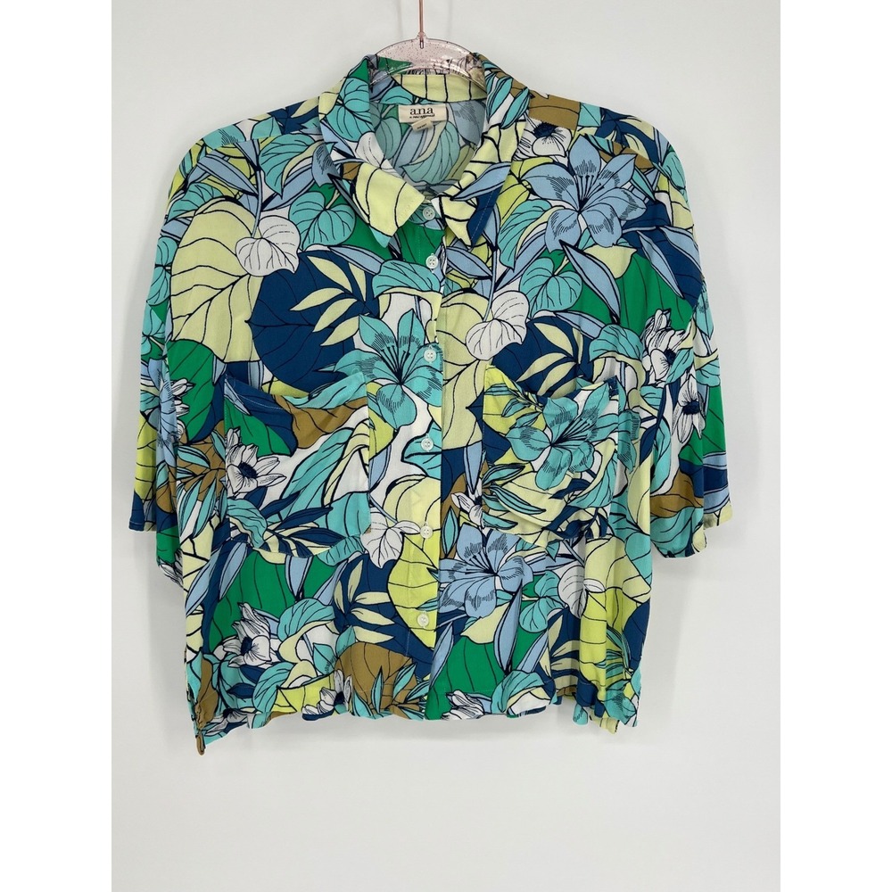 ANA Floral Print Button Down Shirt Womens XL Green Blue Short Sleeve